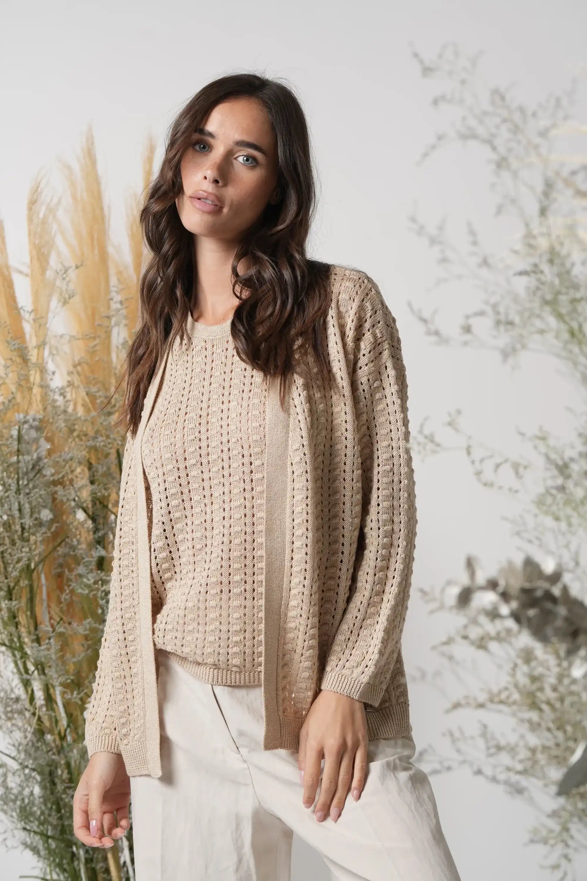 Cardigan Senza Bottoni Punto Nocciolina