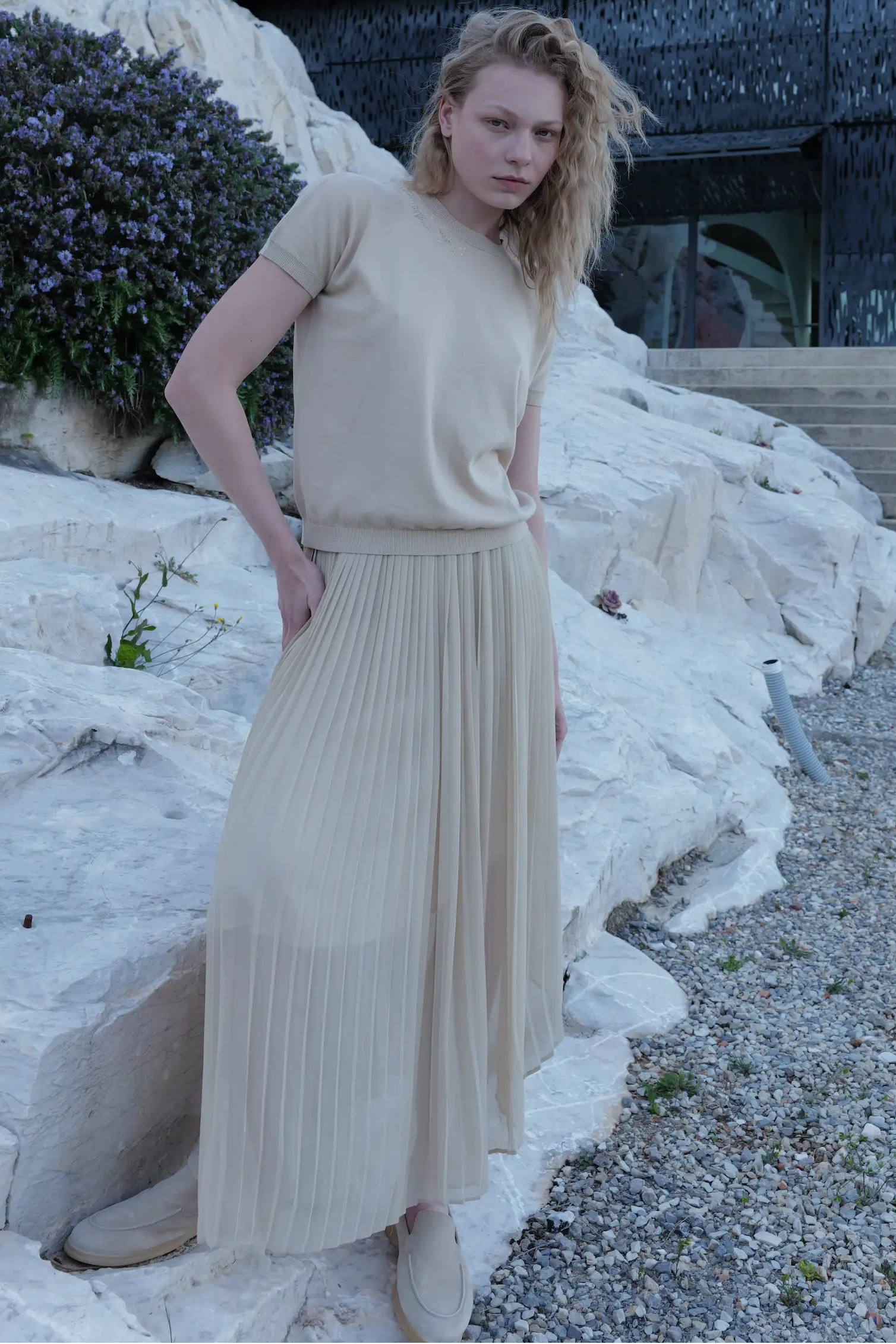 T-Shirt Girocollo Rasato Oversize Con Ricamo